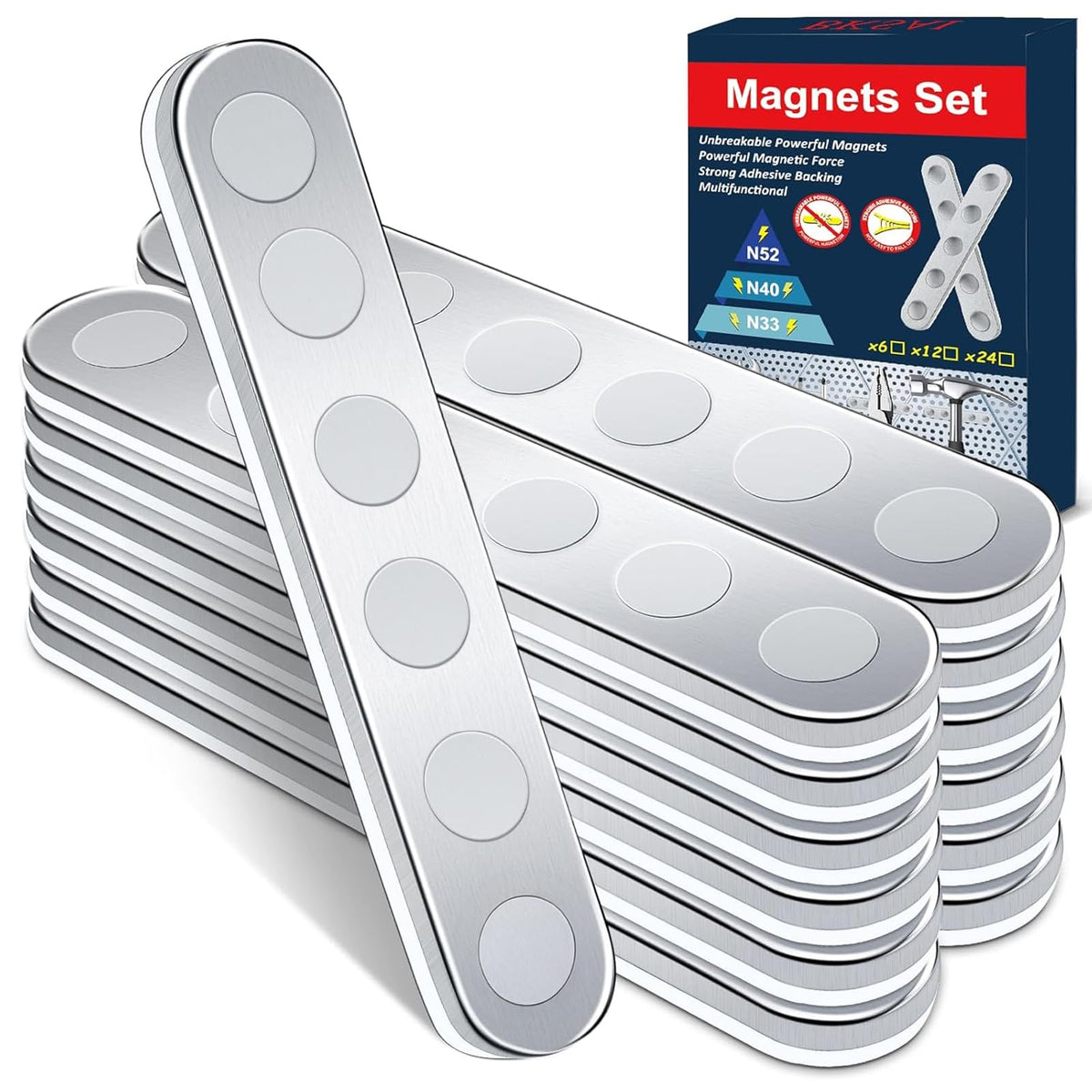 BKSAI Unbreakable Strong Magnet, 12 Pcs Self-Adhesive Neodymium Bar Magnets