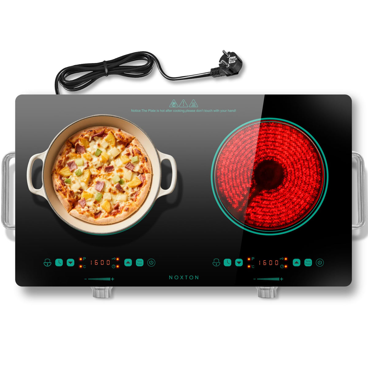 Noxton 2 Zone Ceramic Hob 30cm Electric Hob with Timer, Safe Lock, Pause Coutertop Use Hob with 13AMP Plug 2800W