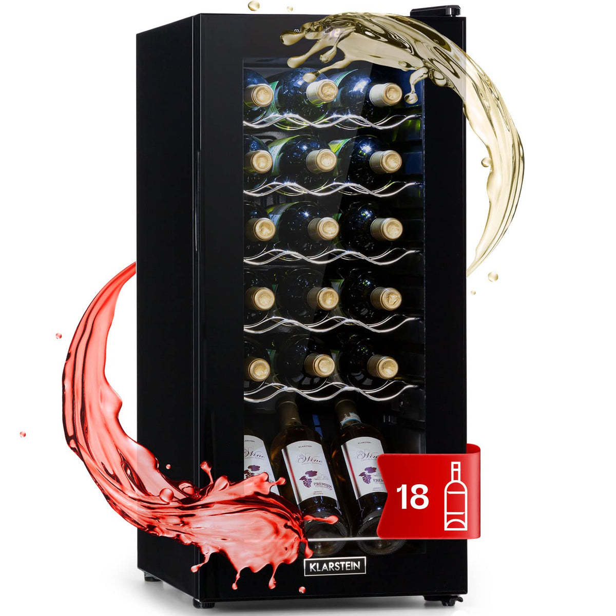 KLARSTEIN Shiraz Wine Cooler Black – 8 Bottles, 1 Zone | Freestanding Wine Fridge with Glass Door, Quiet, 5–18 °C, LED, Stainless Steel Frame