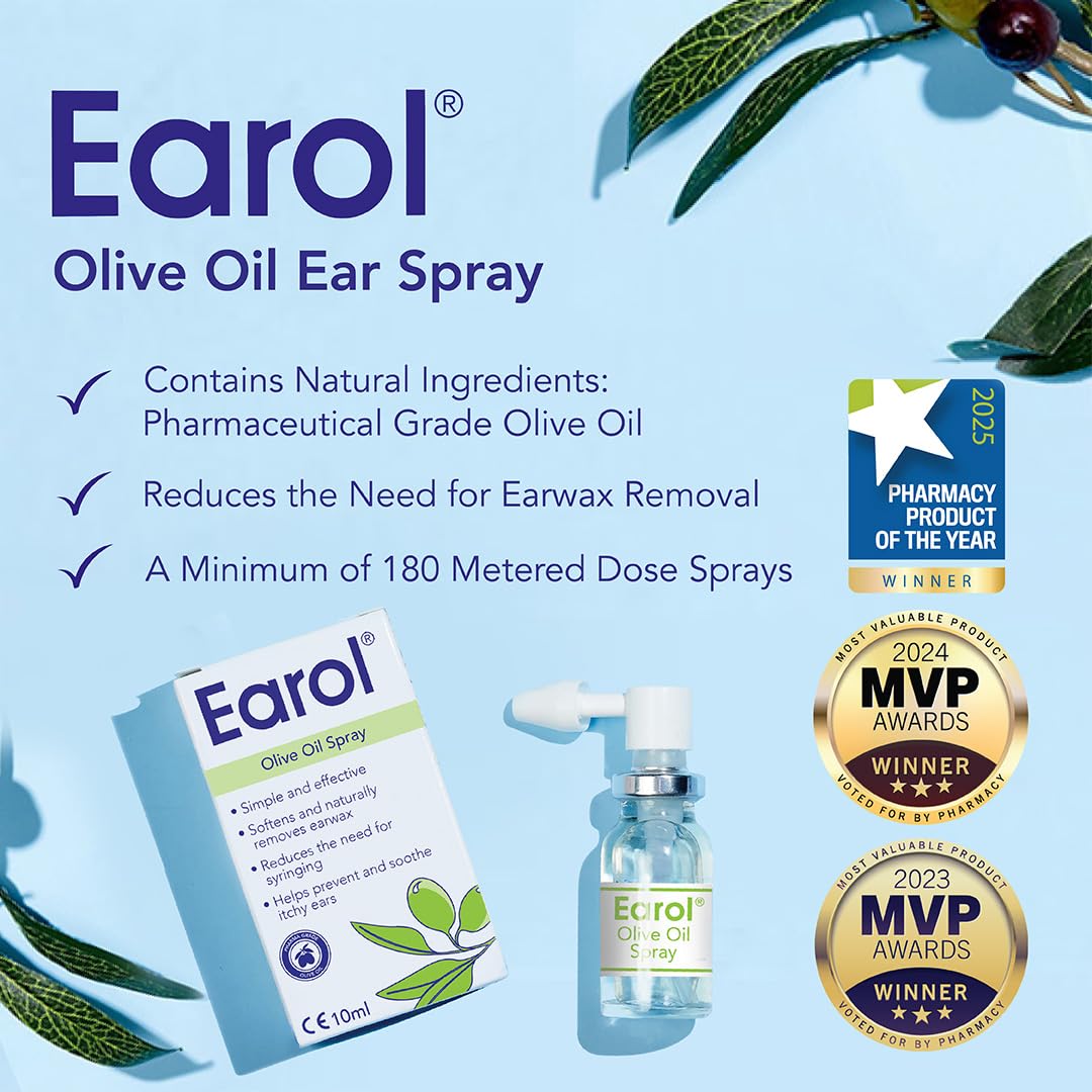 Earol Olive Oil Ear Wax Removal Spray, Clinically Proven, 10ml (Pack of 2)