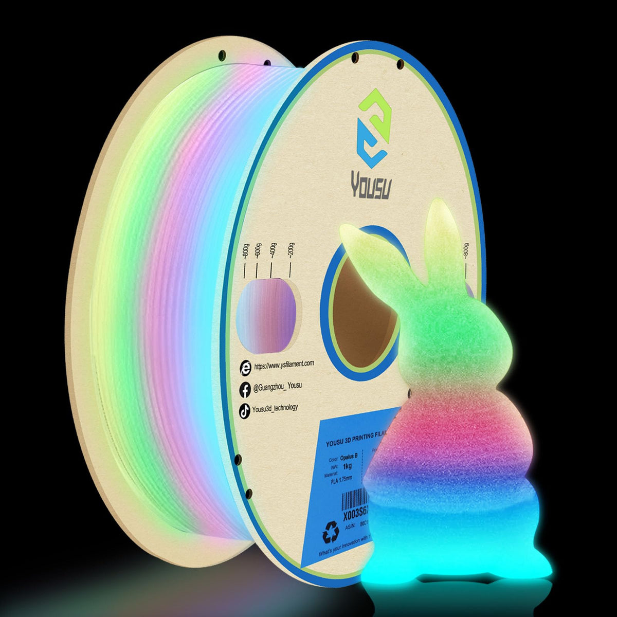 YOUSU 3D Printer Filament Bundle,Glow in The Dark Filament Multicolor,PLA Filament 1.75 mm,Green, Blue,Purple and Rainbow Accuracy +/- 0.03 mm,250g X 4 Pack