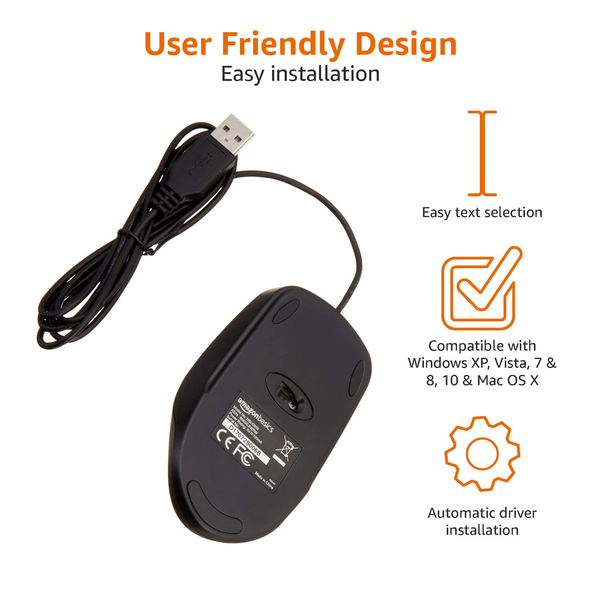 Amazon Basics Responsive and Precise 3-Button Wired USB Computer Mouse with Scrolling and Tracking, Single, Black