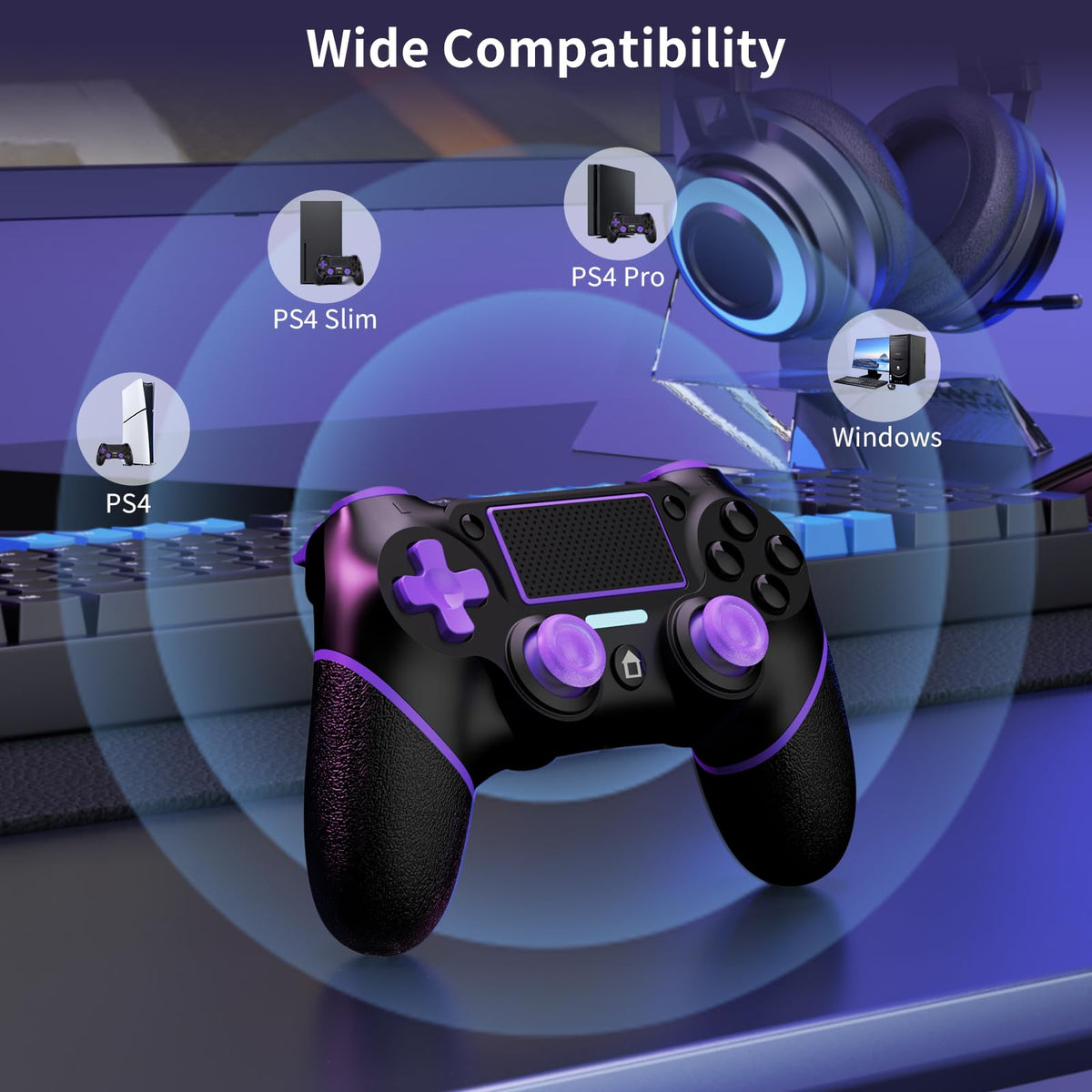Reddening for PS4 Controller 2 Pack, Controller PS4 for PS4/Pro/Slim/PC, Gamepad Joystick with Turbo/Back Button/Dual Vibration/6-Axis Gyro Sensor/Touch Panel (2 printed purple)