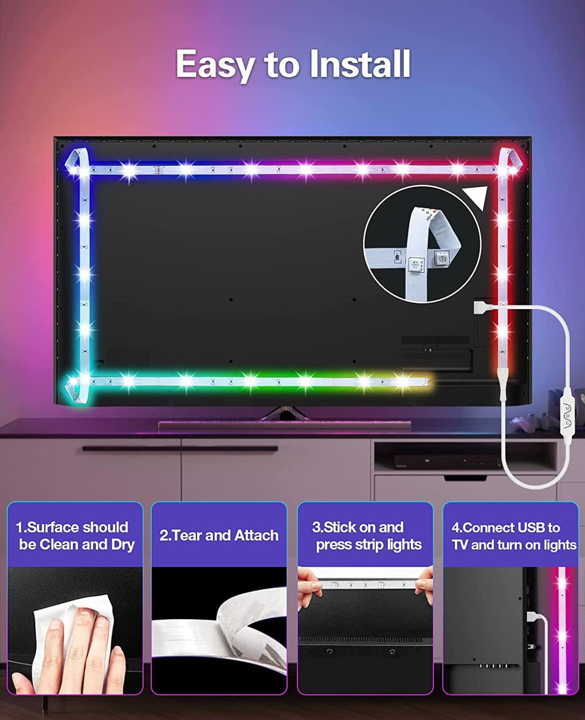 Daymeet TV Led Lights, 4M TV Led Backlight for Lights USB Powered RGBIC Light Strip for 55-75 inch Monitor Behind Lighting with Remote Music Sync Bluetooth APP Control