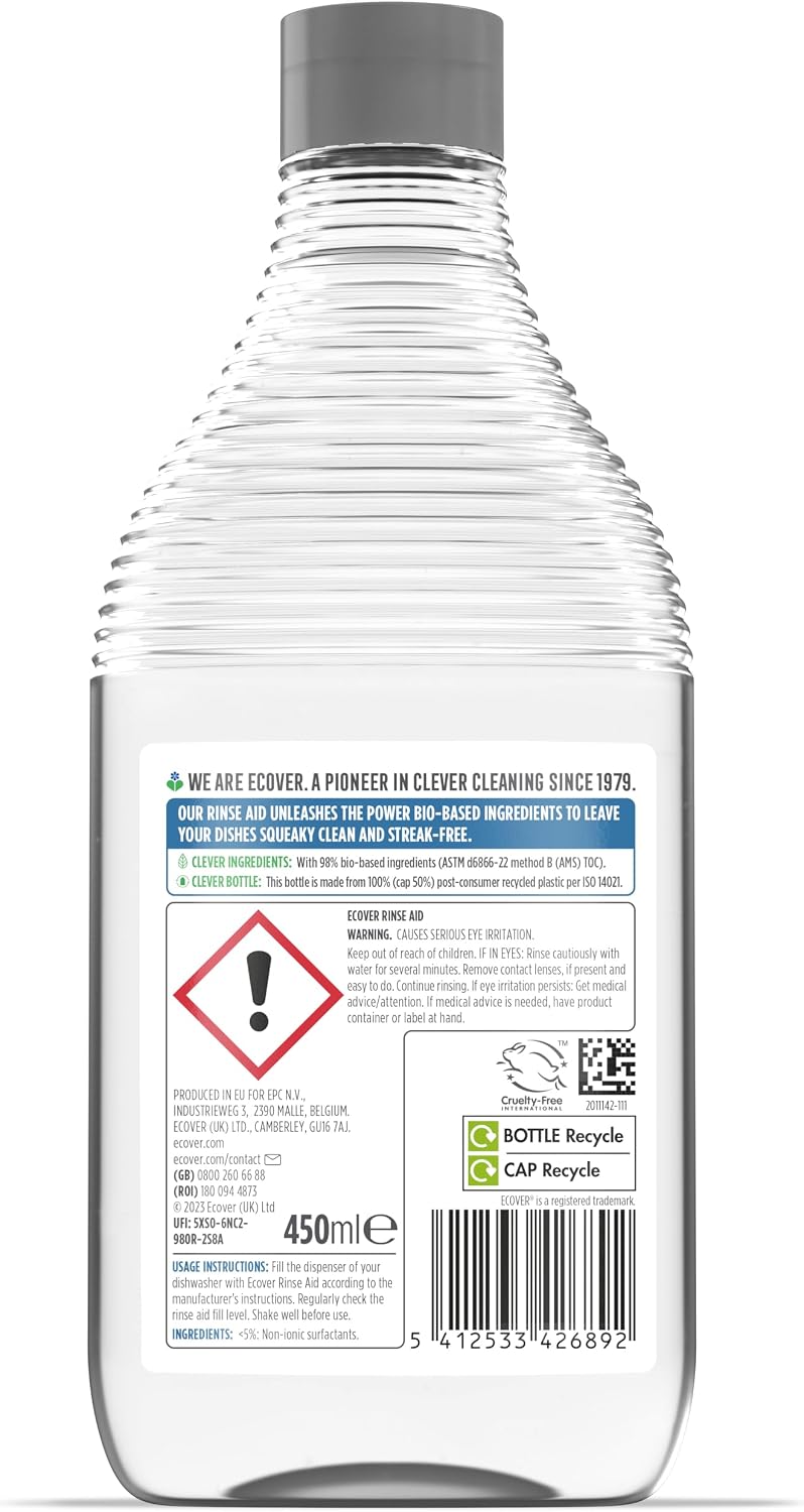 Ecover Dishwasher Rinse Aid, Sparkling Dishes, Quick Drying, 450ml