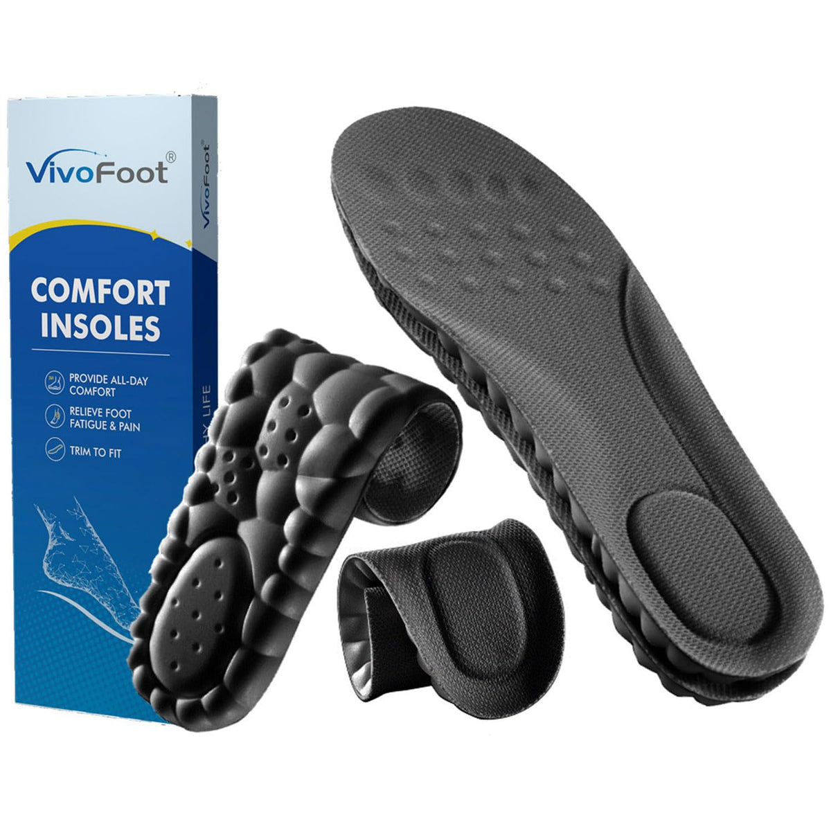 VivoFoot 2 Pair Anti-Fatigue Pain Relief Foam Comfort Insole (UK7-10,Black)