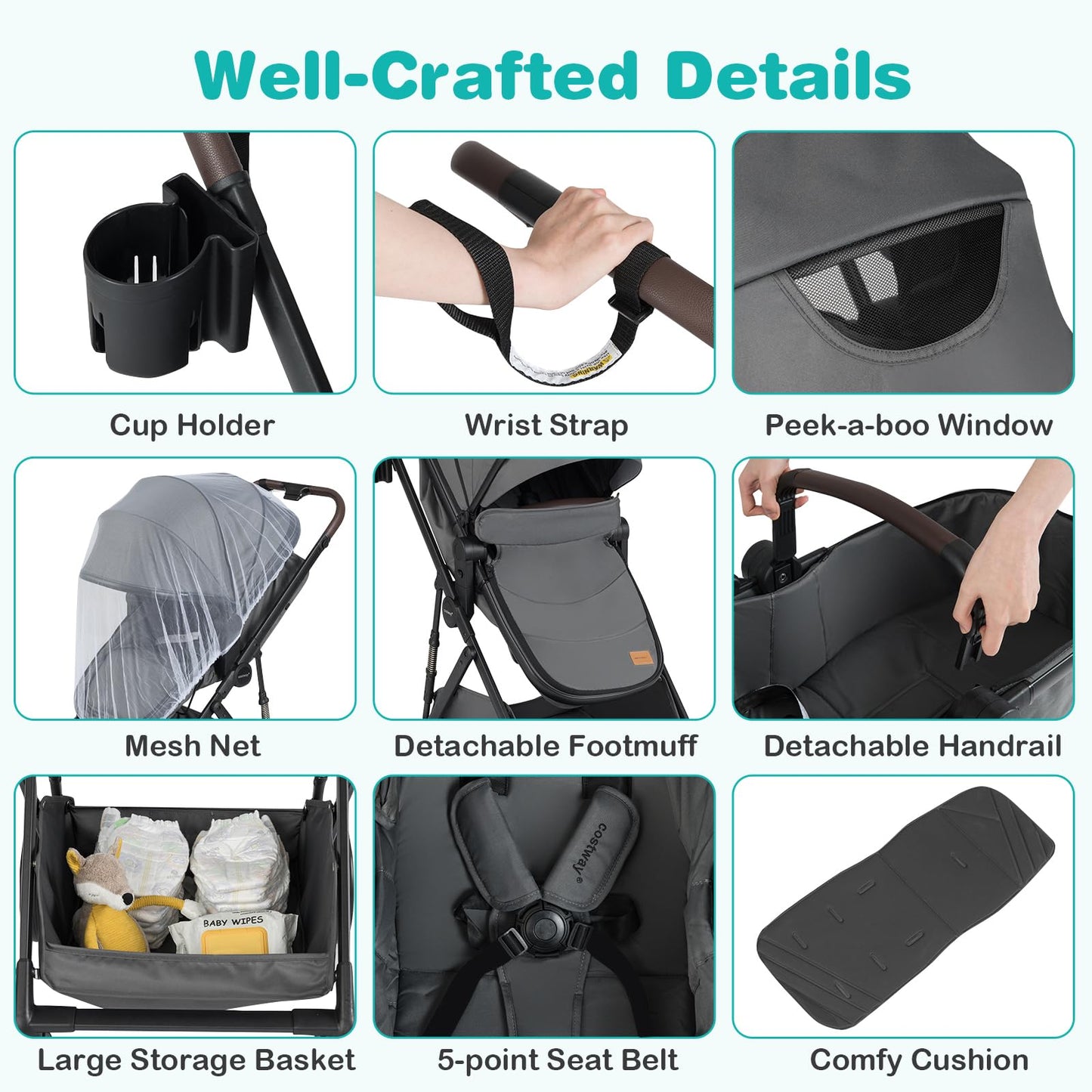 COSTWAY 3 in 1 Baby Stroller, Foldable Travel System Pram with Reversible Seat, Adjustable Canopy & Backrest, Mesh Net, Storage Basket, Lightweight Infant Newborn Pushchair for 0-36 Months (Grey)