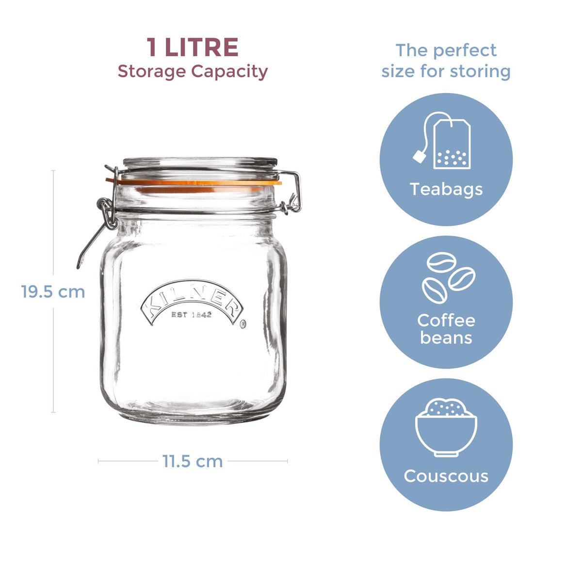 Kilner Square Clip Top Jar 250ml (0.25L) Airtight Glass Jar for Storing Herbs Spices Dried Fruits Nuts and Seeds