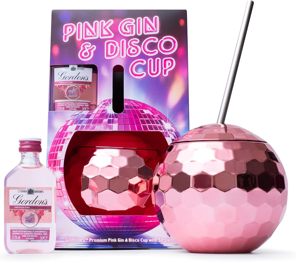 Pink Gin Gift Set, Gordon's Pink, Disco Ball Cup & Metal Straw