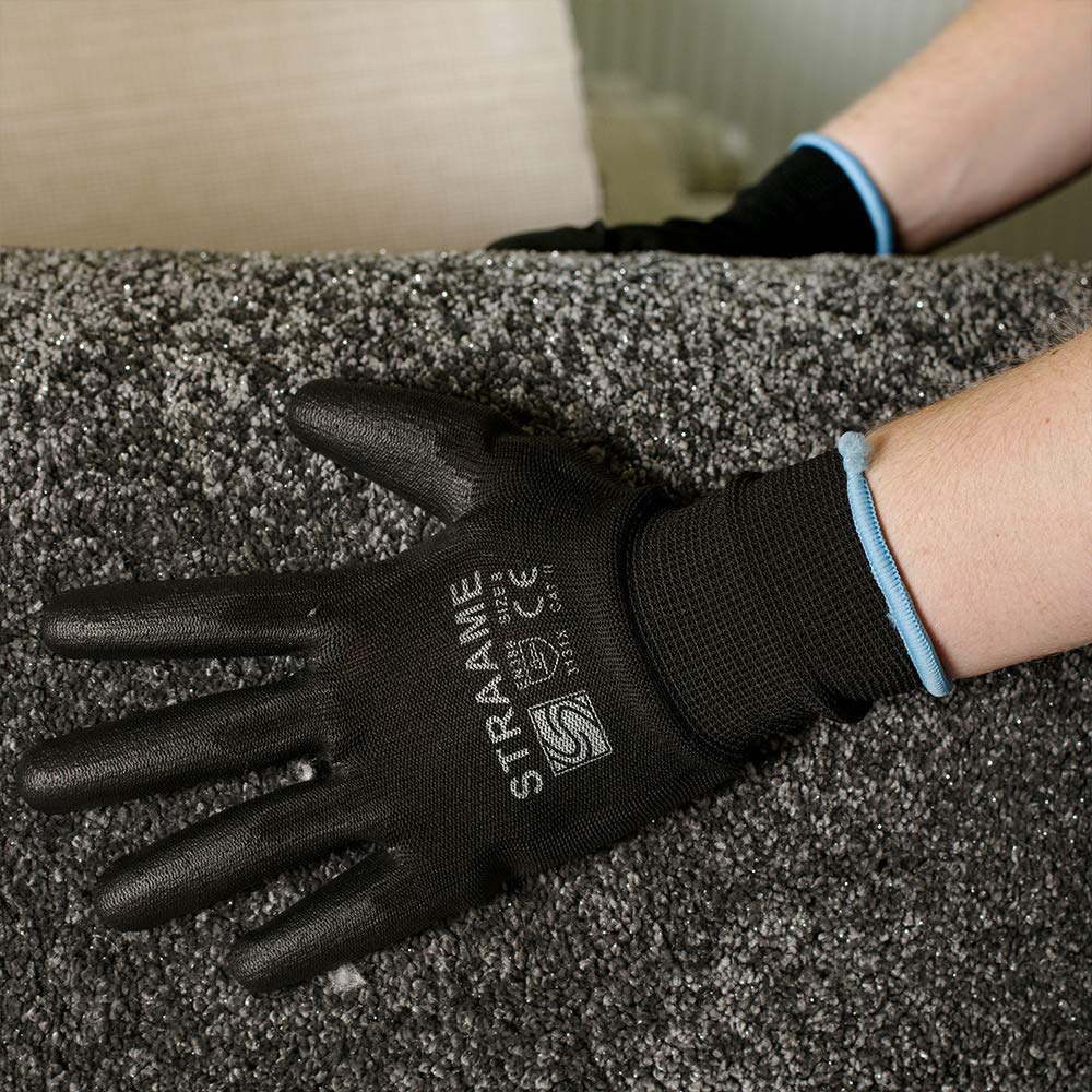 Straame Black Work Gloves, 12 Pairs, PU Coated Nylon, Non-Slip Grip, Size S