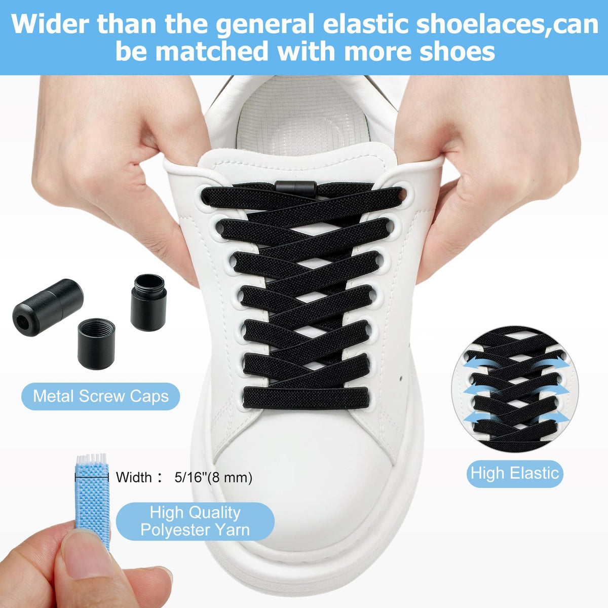 2 Pairs Elastic Shoe Laces for Trainers, 8mm Shoelace
