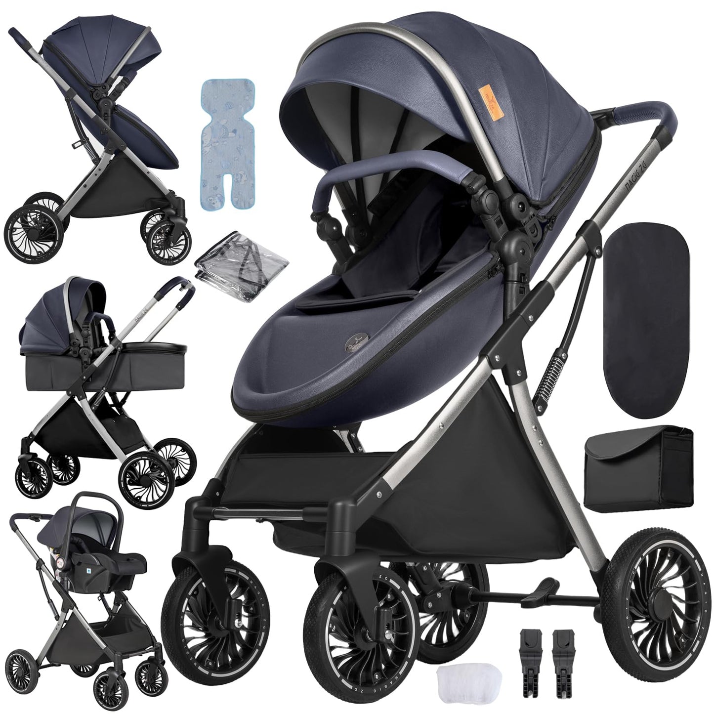 PU Leather 3 in 1 Pushchair Travel System, Toddler Stroller, Baby Pram 3 in 1, Infant Carriage with One-Click Folding, Newborn Buggy with Aluminum Frame (V6 Black)