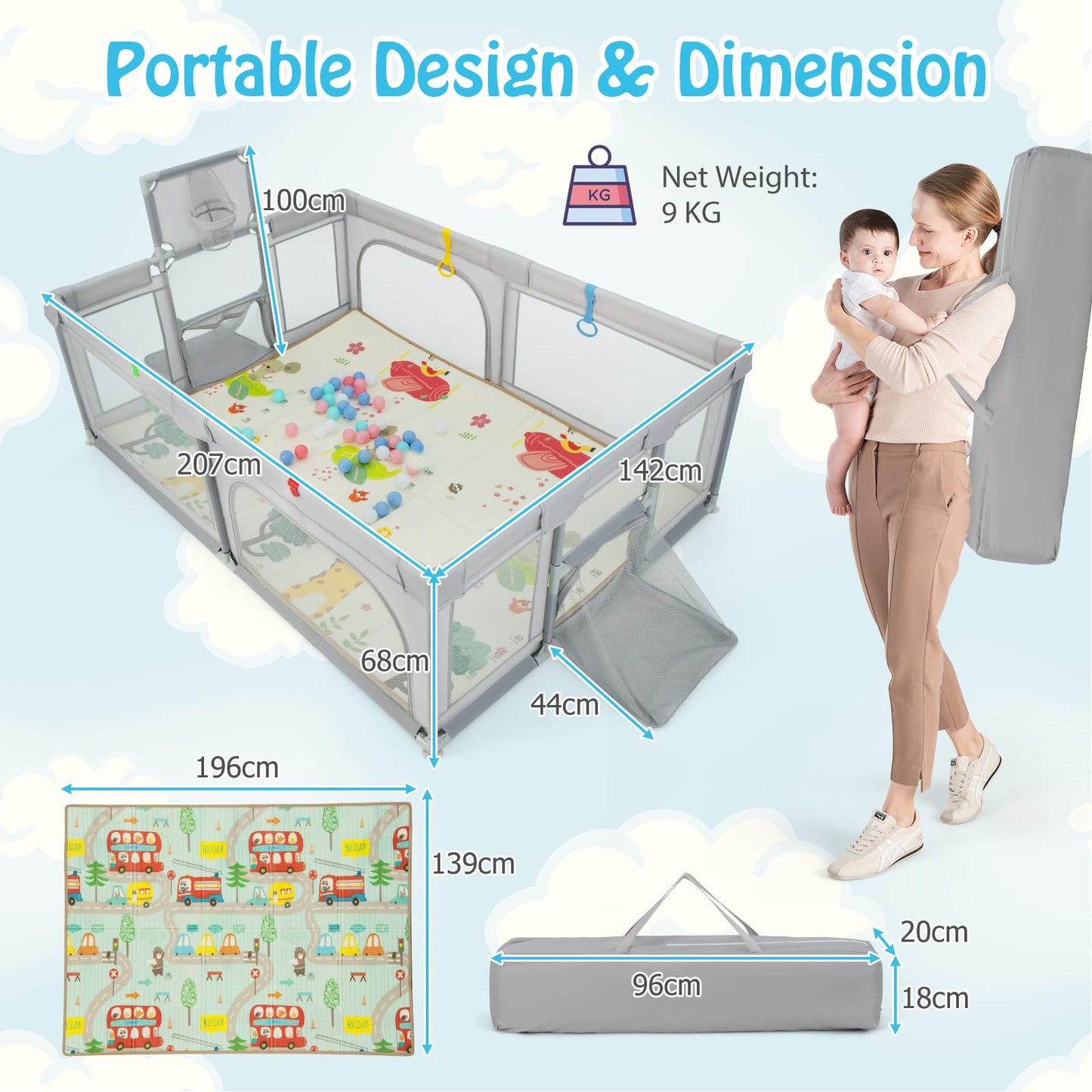 COSTWAY Baby Playpen, Toddler Mesh Play Pen with Mat, Pull Rings, Basketball Hoop, Football Nets, Ocean Balls, Indoor Outdoor Safety Playard for Babies and Toddlers (Light Gray, 207 x 142cm)