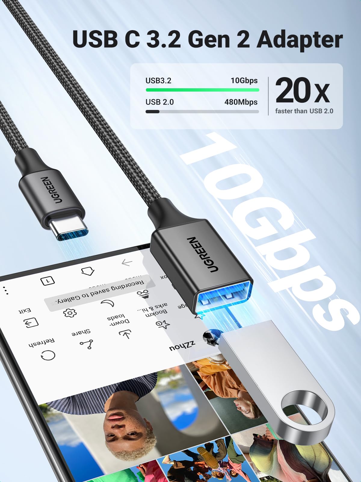 UGREEN 10Gbps USB C to USB Adaptor for iPhone, iPad, MacBook, Galaxy Grey