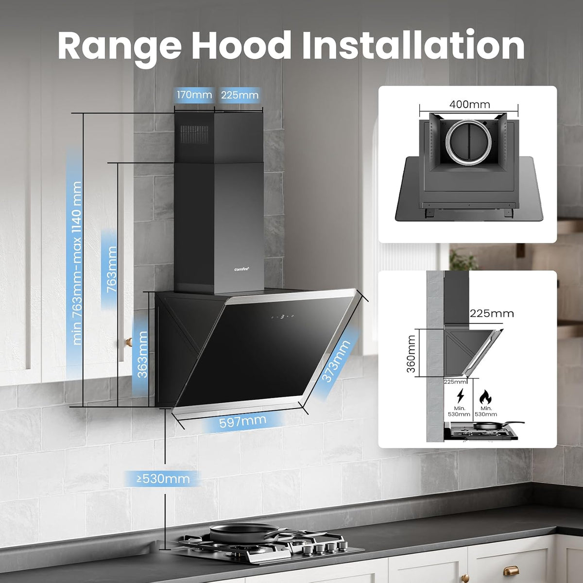 COMFEE' 60cm Angled Cooker Hood, A++, Wall Mounted, Black