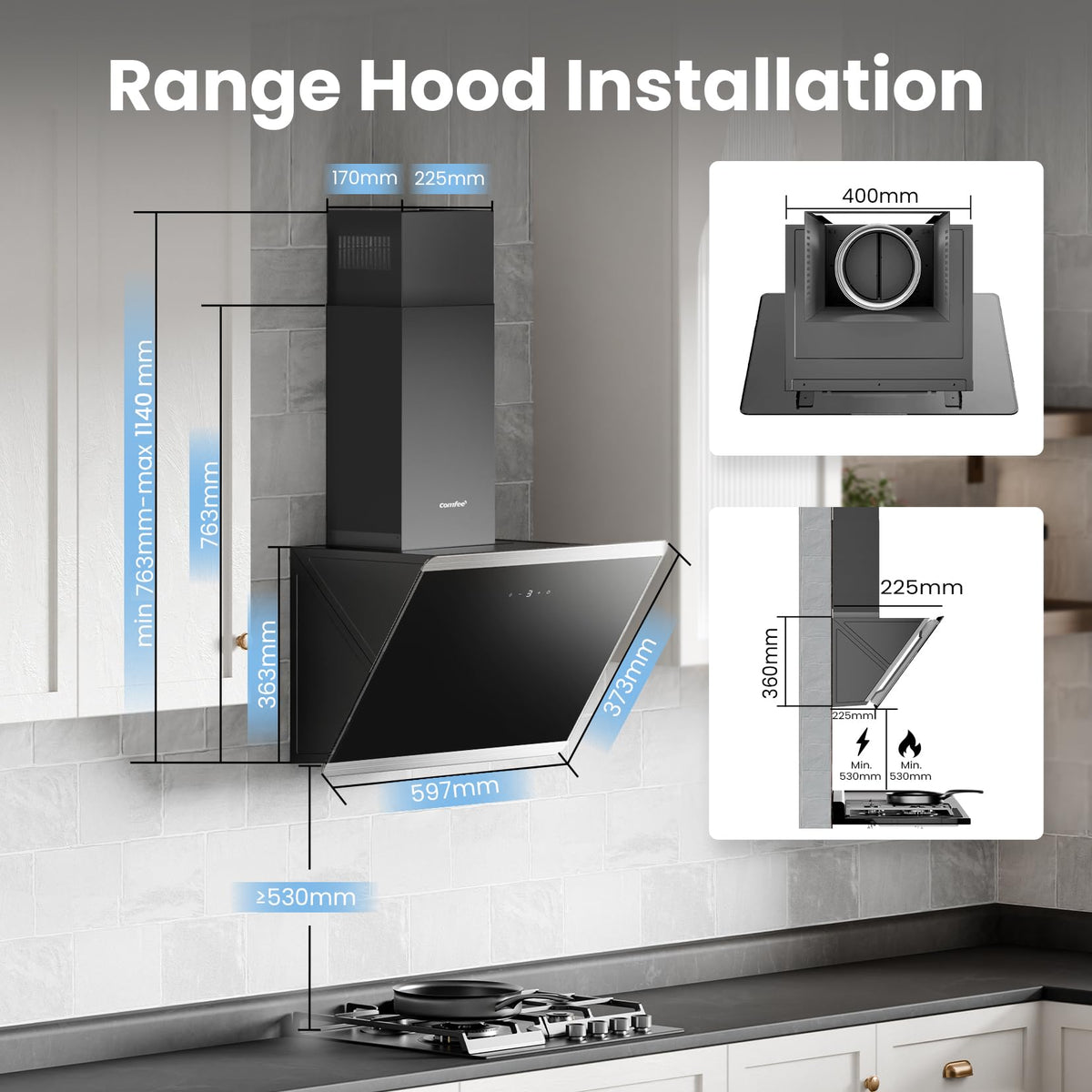 COMFEE' 60cm Angled Cooker Hood, Wall Mounted, Black