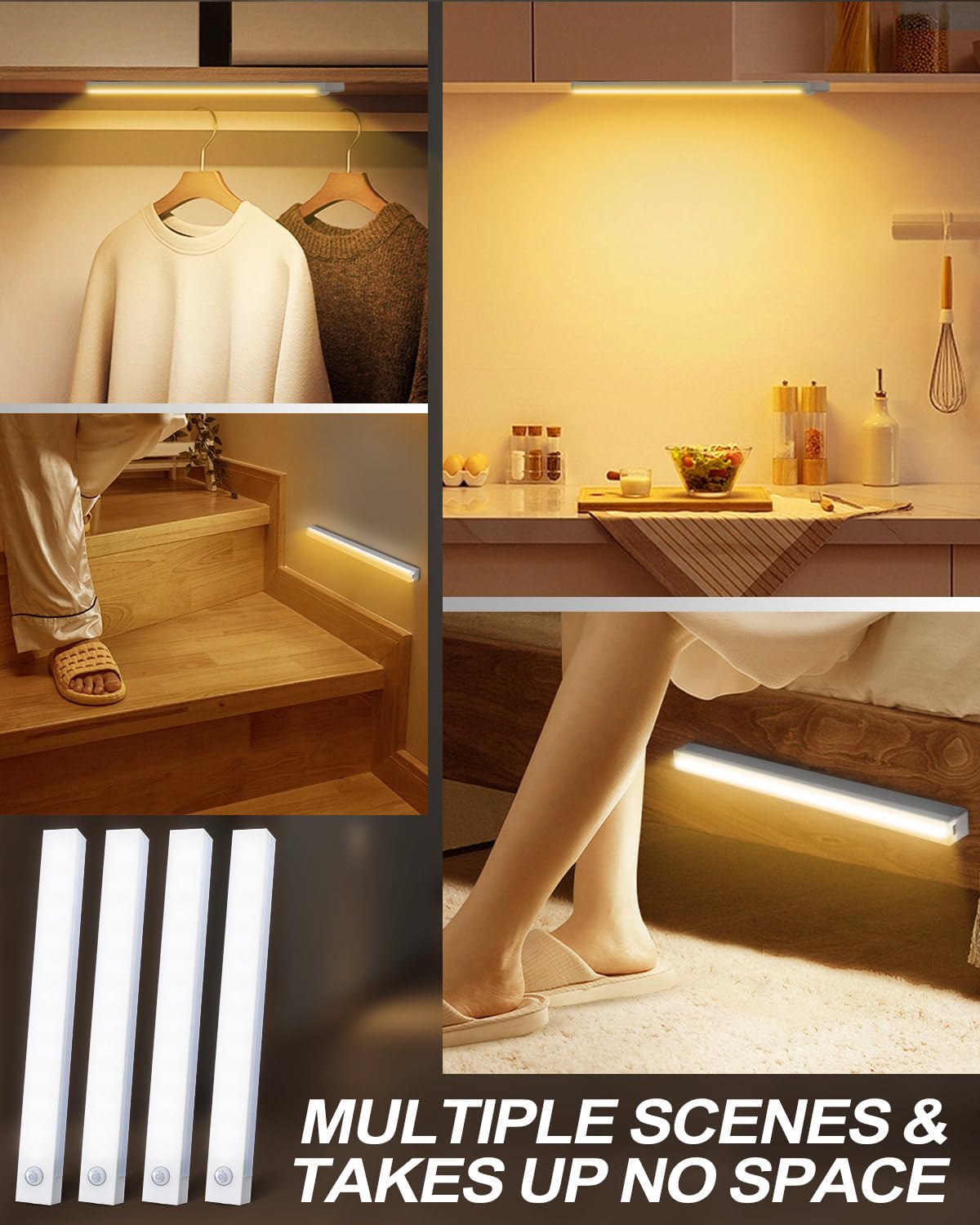 Under Cabinet Kitchen Lights 4 Pack, 4 Modes, USB Motion Sensor Cupboard Light, USB Type-C, Stepless Dimming, with Magnetic Sticker, for Kitchen Wardrobe Bedroom Stairs (Cold White)