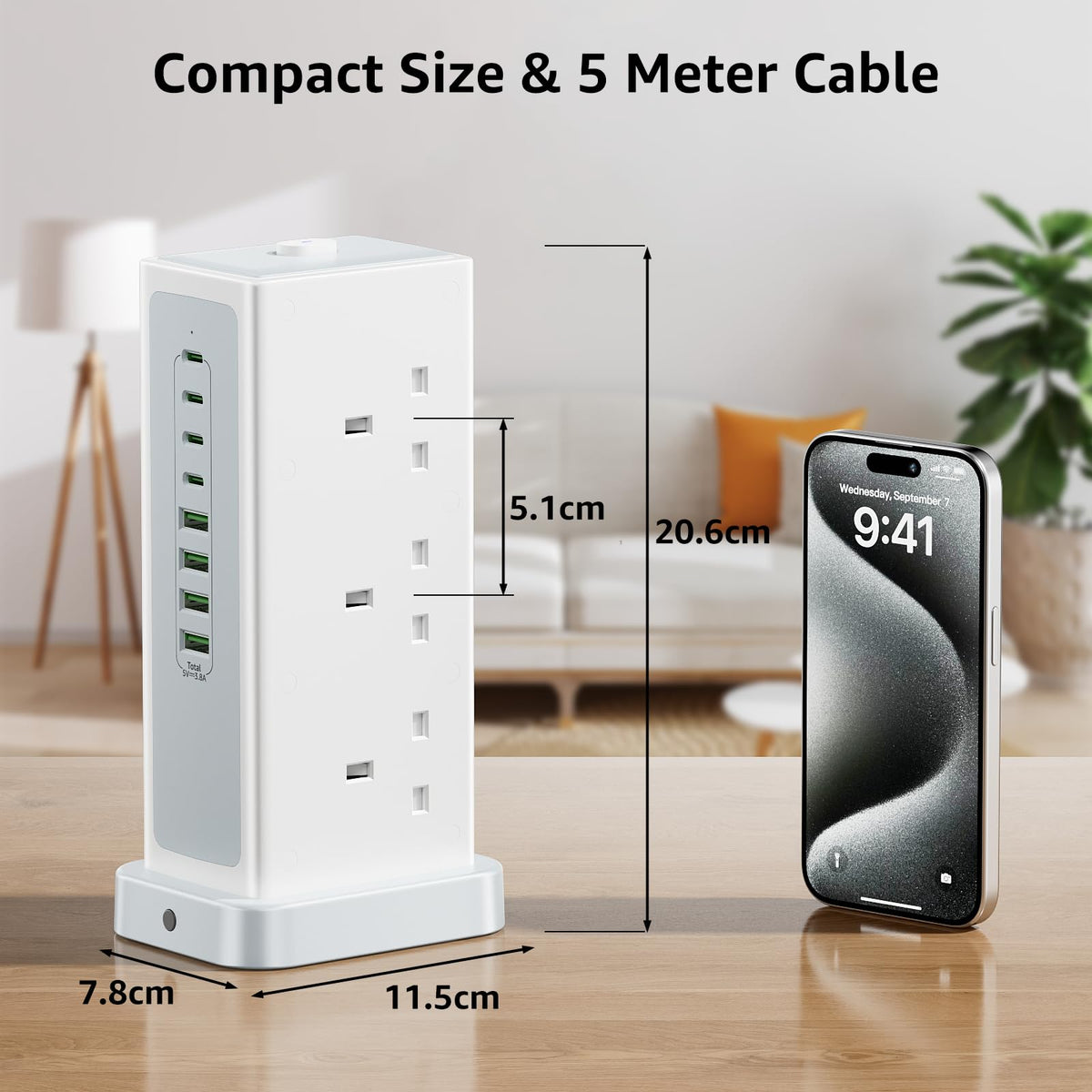 Tower Extension lead with USB Slots,6 Way Plug Extension Socket 3 Metres