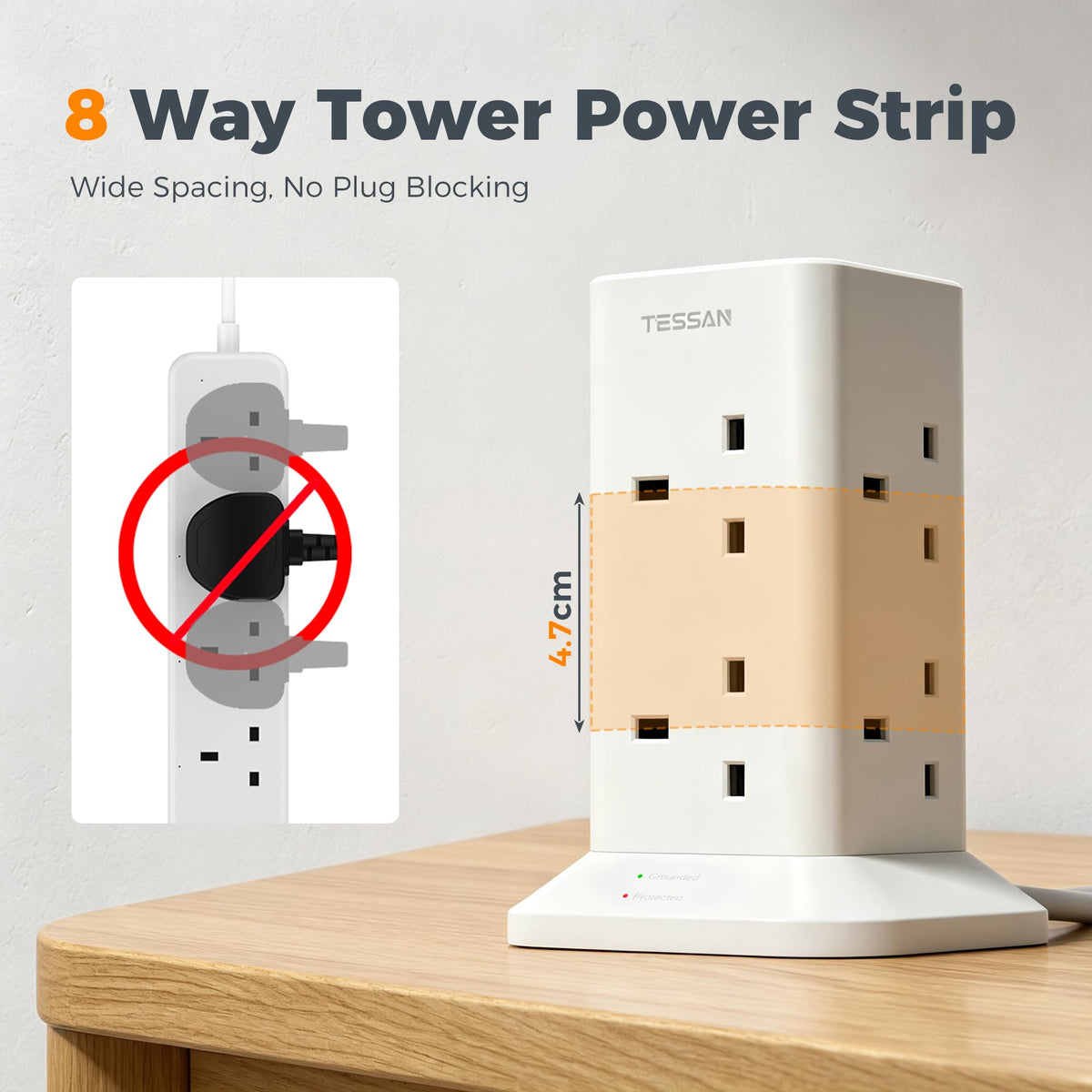 TESSAN Tower Extension Lead with USB C Slots