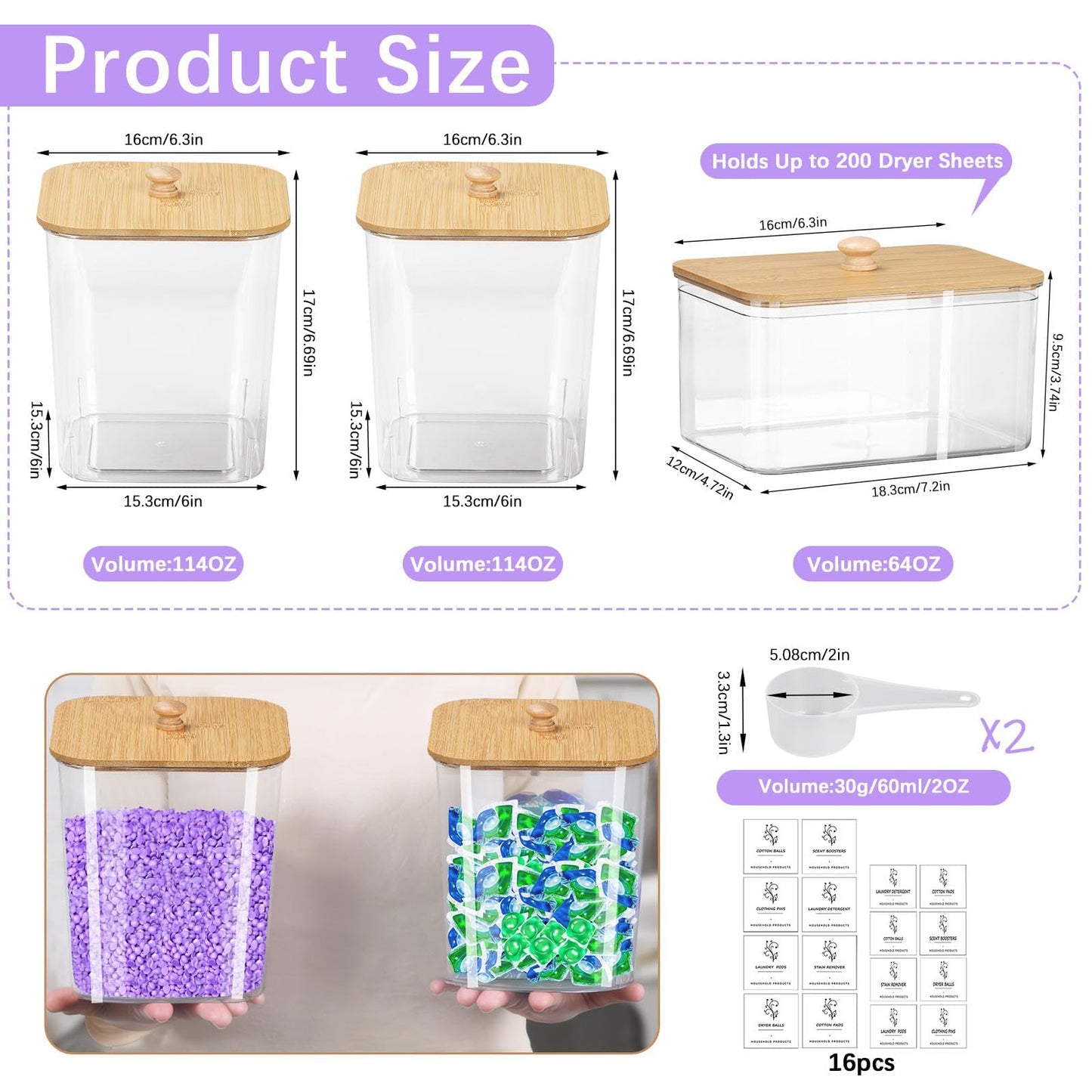 3-Pack Clear Laundry Pods Storage Container with Bamboo Lid, Labels & Scoop – Washing Pods Holder for Powder, Dishwasher Tablets, Scent Booster – Laundry, Bathroom, Kitchen Organization(Square)