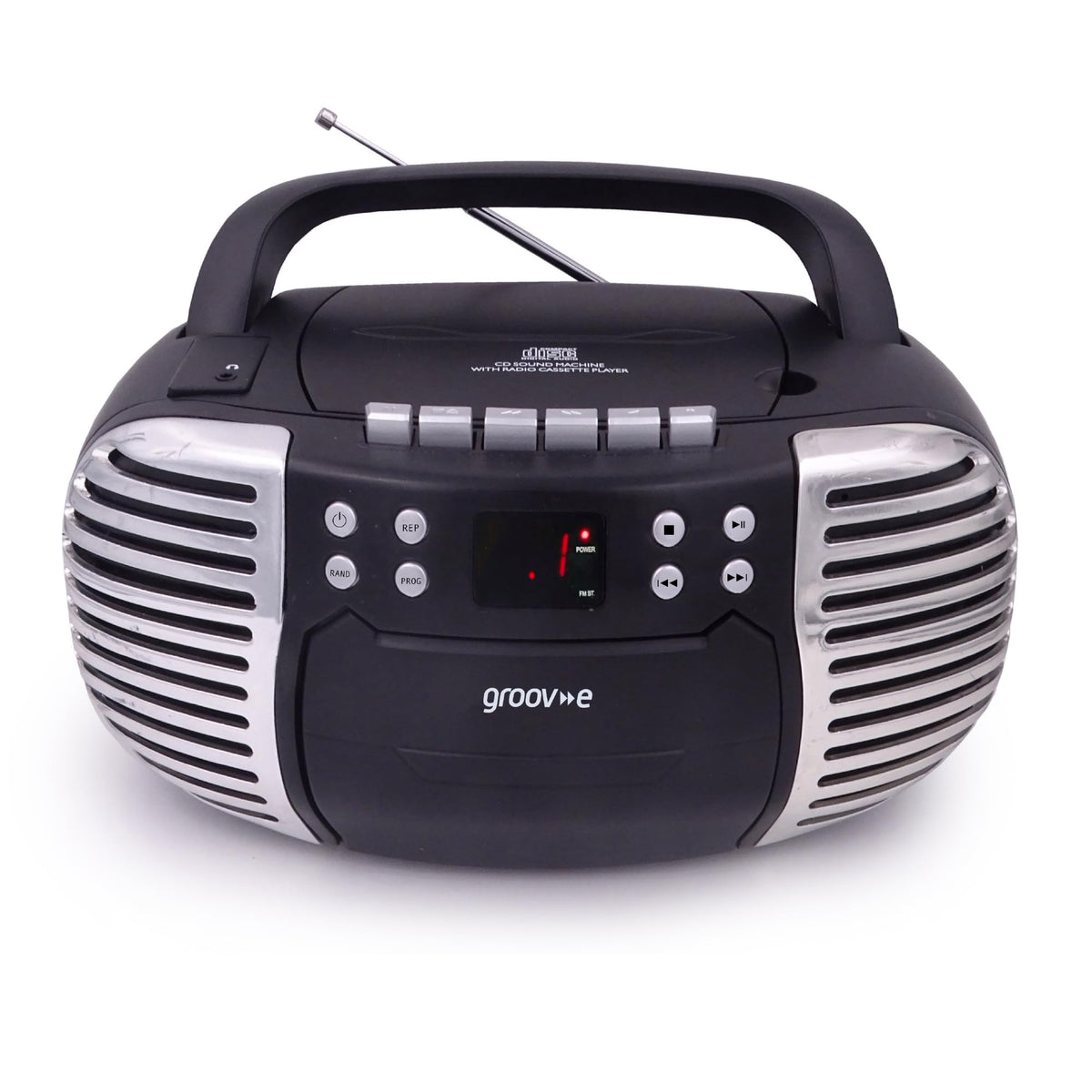 Groov-e Original Boombox - Portable CD Player with Bluetooth, Radio, 3.5mm Aux Port, & Headphone Socket - LED Display, 2 x 1.2W Speakers - Battery or Mains Powered - Black