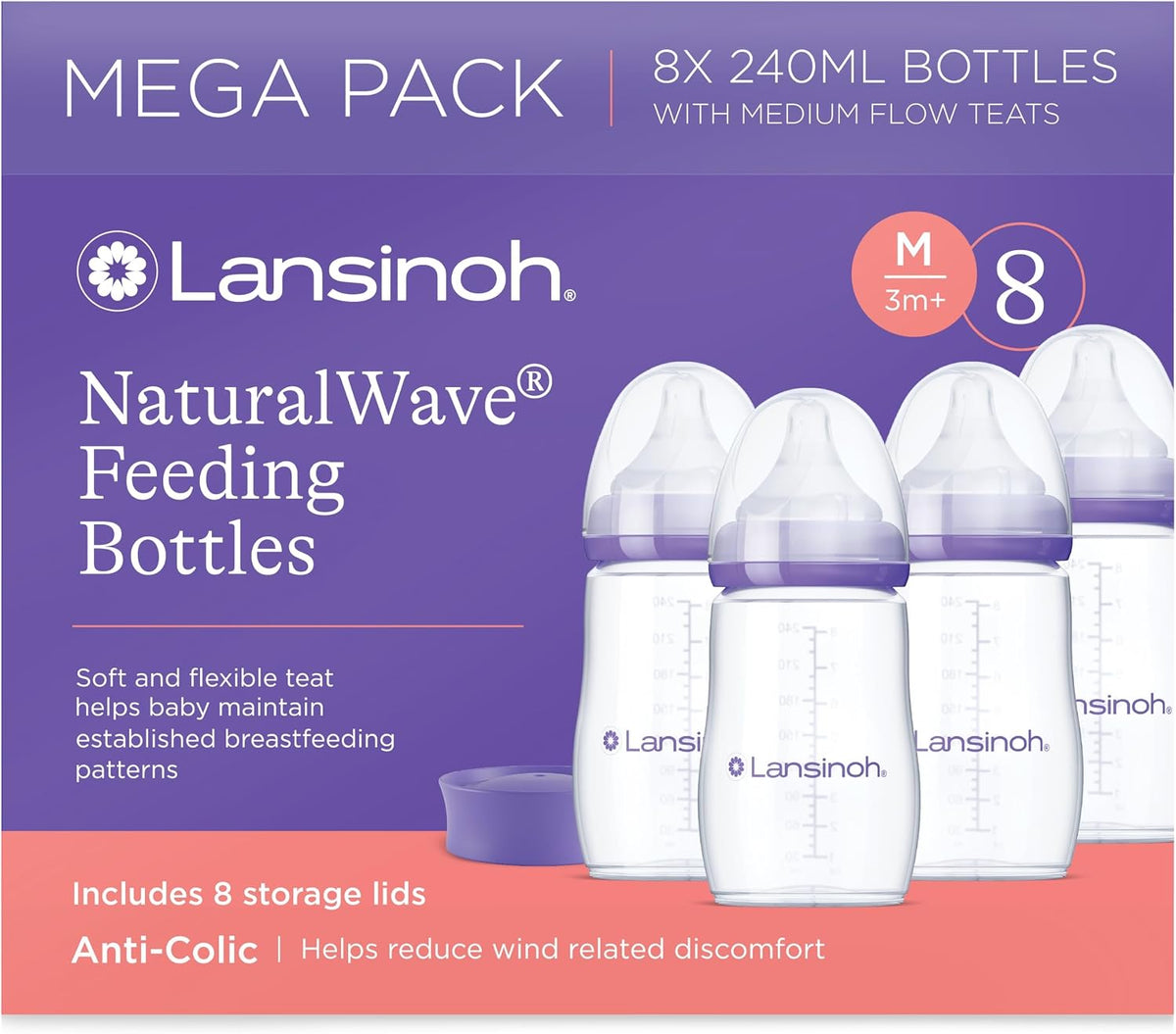 Lansinoh Anti Colic Baby Bottles - 8 240ml - Naturalwave® Teats Reduce Nipple Confusion - Stackable lids for Breastmilk Storage in Fridge or Freezer - Breastfeeding Bottle