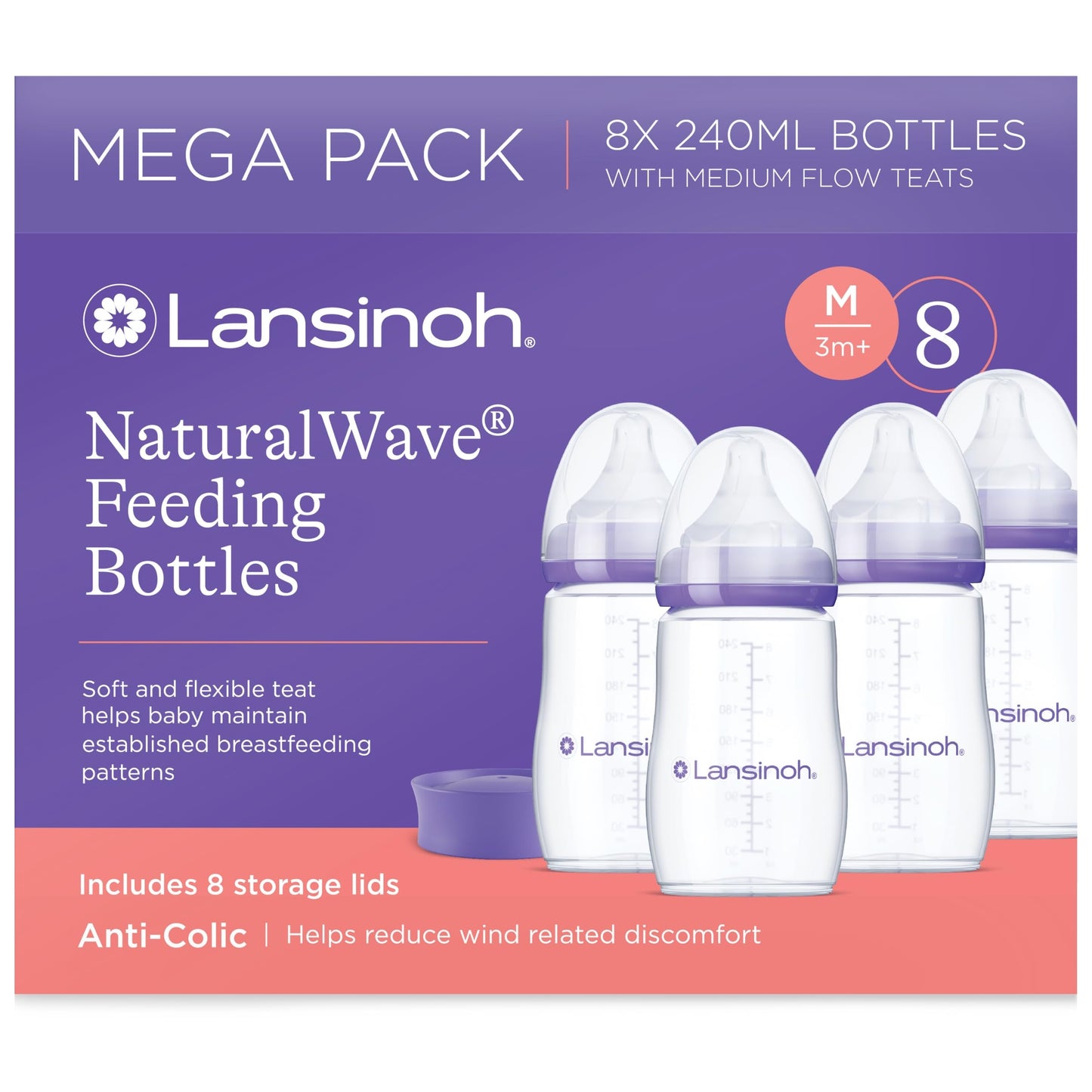Lansinoh Anti Colic Baby Bottle - 2 Pack 240 ml - NaturalWave® Teats Reduces Nipple Confusion - BPA & BPS-Free Breastfeeding Bottle Feeding Stackable Lid Fridge Freezer Milk Storage Feeding Bottles