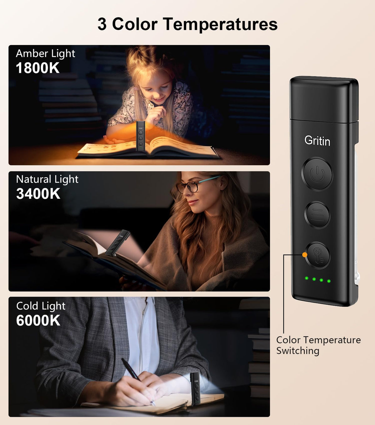 Gritin Book Light Rechargeable, Reading Light Lamp Clip on Book for Reading