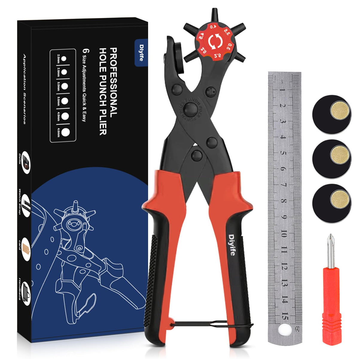 Diyife Belt Hole Puncher for Leather, 6 Sizes, Effortless Dual-Lever Design