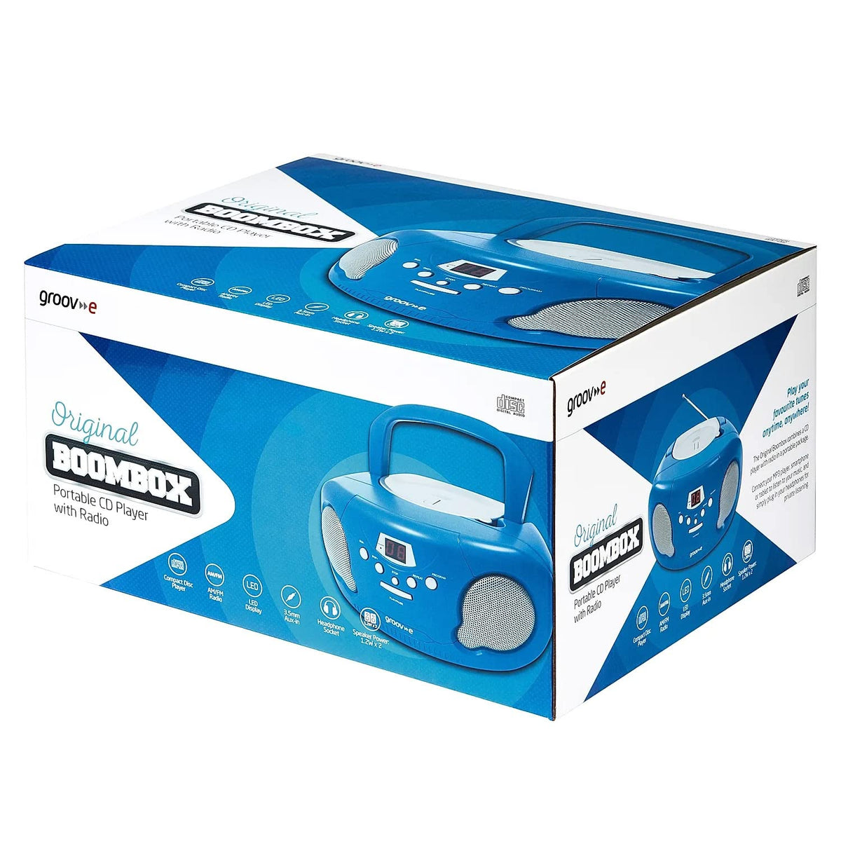 Groov-e Original Boombox - Portable CD Player with Bluetooth, Radio, 3.5mm Aux Port, & Headphone Socket - LED Display, 2 x 1.2W Speakers - Battery or Mains Powered - Black