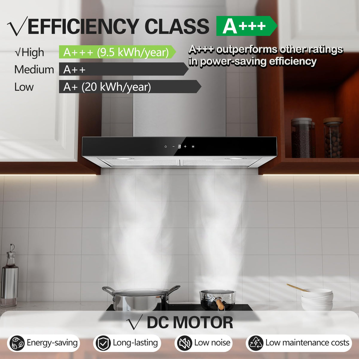 TopStrong Cooker Hood 90cm, 600 m³/h Extractor Fan kitchen, Wall-Mounted Extractor Hood, A++ Energy Efficiency, Touch Control, 58 dB, Recirculating & Ducting System, Black