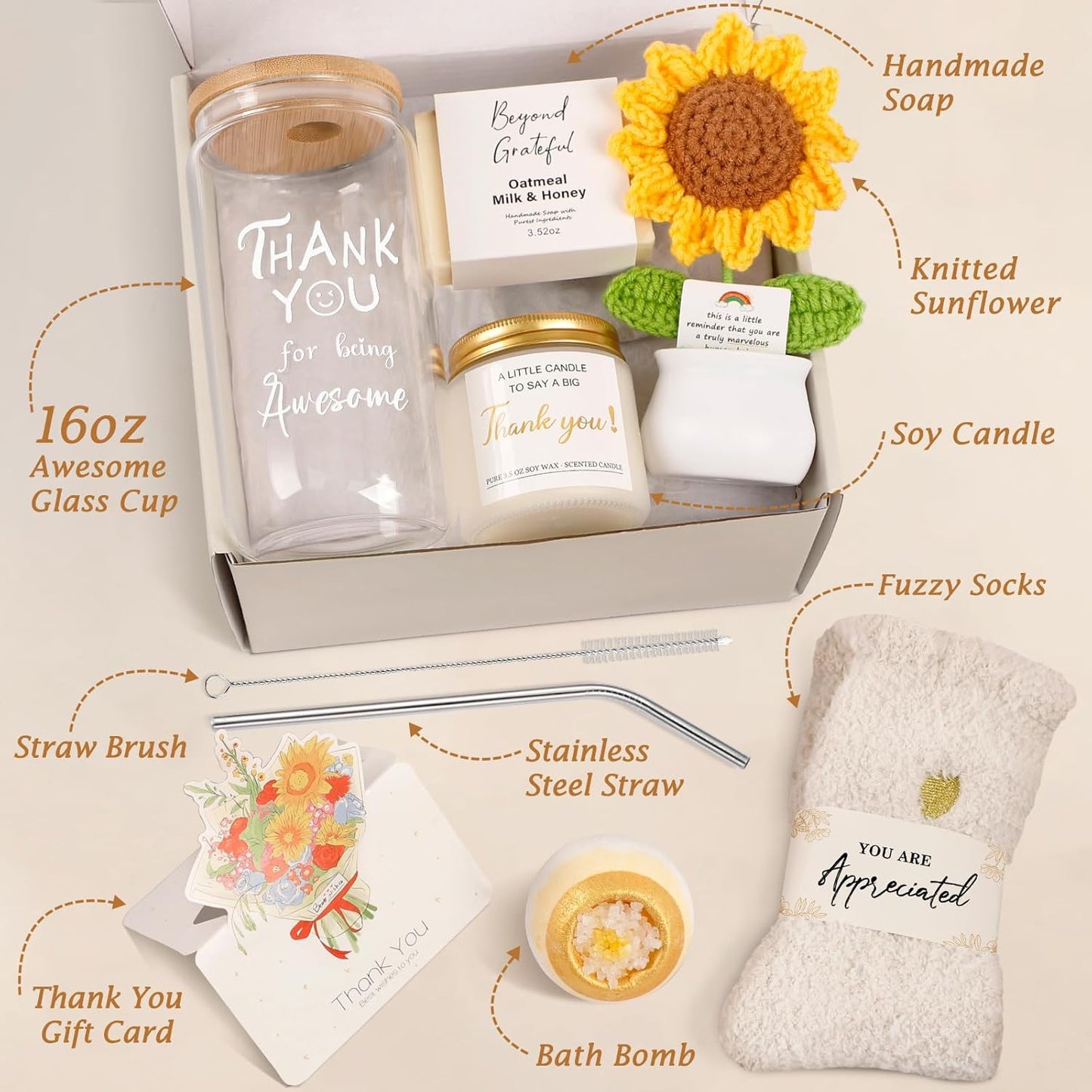 Thank You Gifts for Women, Teacher Appreciation Gifts, Thank You Baskets for Coworker Teachers Friends Mum Employees Nurse Secretary with Thanks Cards, Awesome Glass Cup