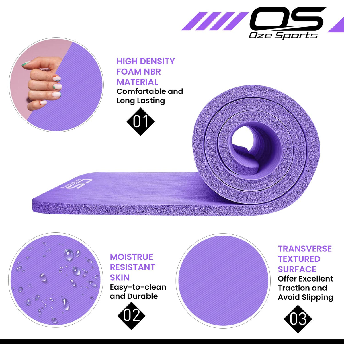 OZE SPORTS Yoga Mat, NBR Foam, Extra Thick, Non-Slip, High Density, Large, for Pilates, Gymnastics, HiiT and Fitness, with Free Carry Strap