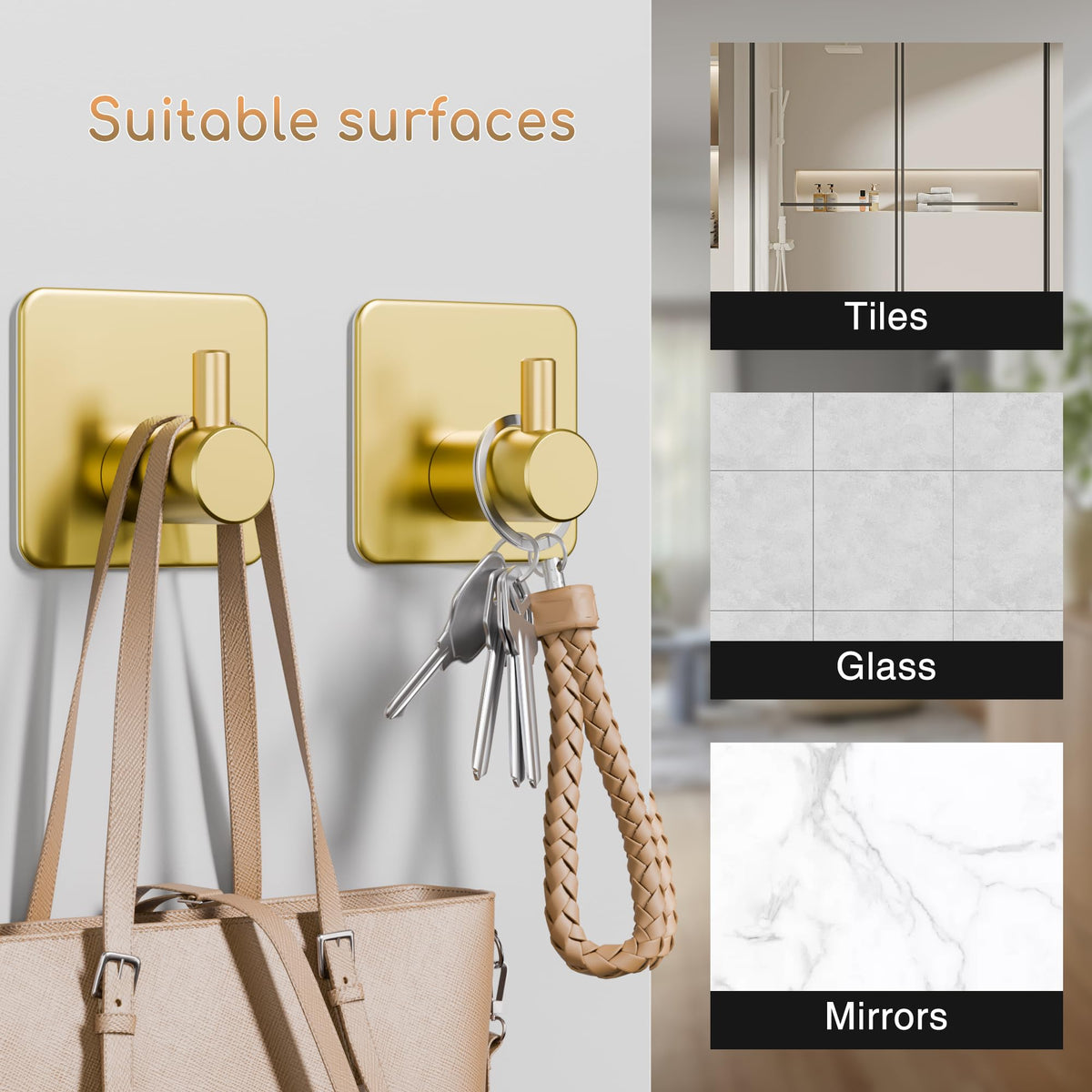 Aikzik 4 Pack of Self Adhesive Hooks, Max 8kg Load Sticky Hooks, Tea Towel Hooks, Versatile Self-Adhesive Wall Hooks for Use in Bathrooms, Kitchens, Doors, Cupboards, Bed Curtains, Towels, Key