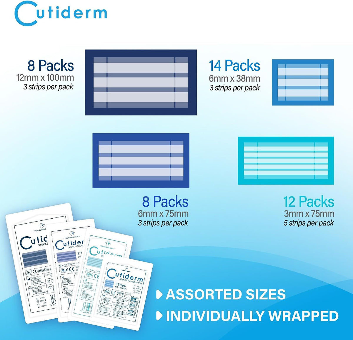 Cutiderm Sterile Skin Wound Closure Suture Strips, 4 Sizes - 150 Strips