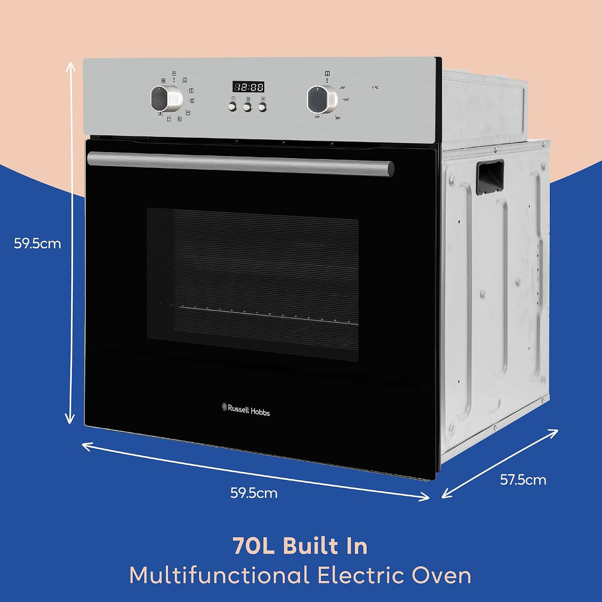 Russell Hobbs Built-in Multifunctional Electric Fan-Assisted Oven 70L in Black with 10 Functions, Double-Glazed Door, A Energy Rating, Grill Function, LED Clock & Timer, Easy-Clean Interior, RHEO7011B