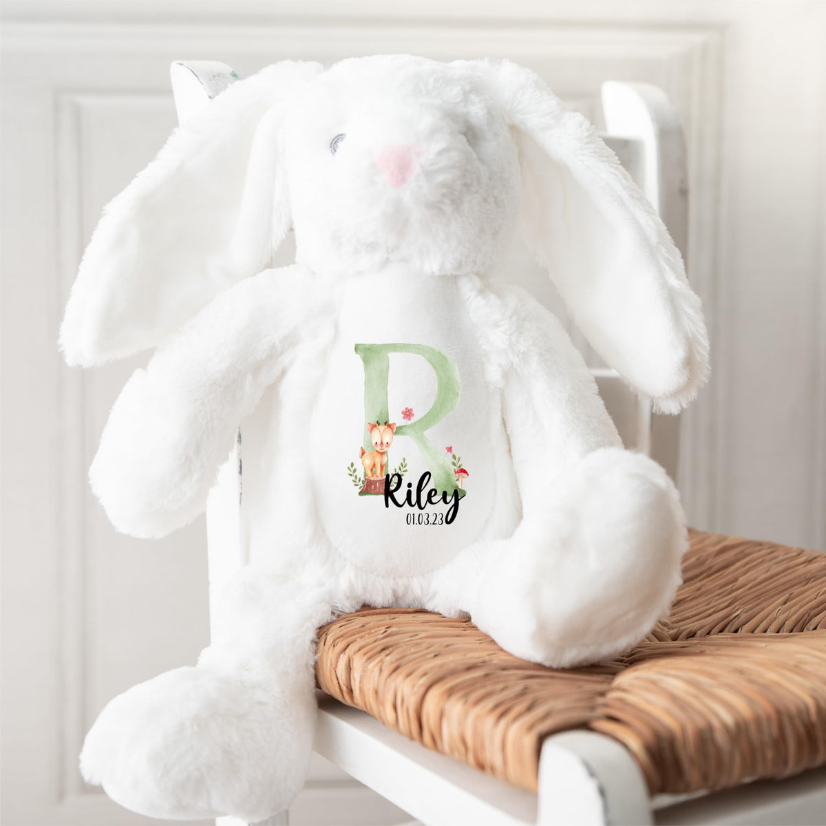 Crafted Memories - Personalised Teddy | Velveteen Bunny Soft Toy | Customisable Name for Newborns | Keepsake for Boys & Girls | Baby Shower Item | Pink Initial | Grey or White, 20-23cm
