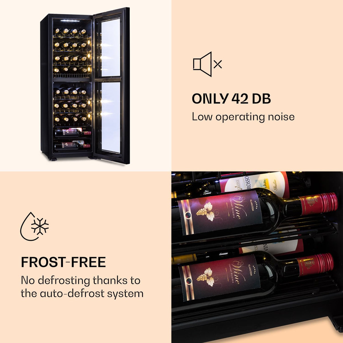 KLARSTEIN Shiraz Wine Cooler Black – 8 Bottles, 1 Zone | Freestanding Wine Fridge with Glass Door, Quiet, 5–18 °C, LED, Stainless Steel Frame