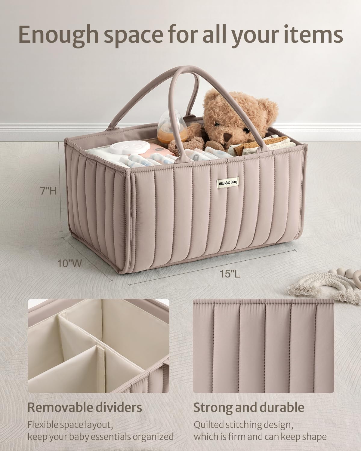 Blissful Diary Nappy Caddy Organiser, Baby Diaper Caddy for Nappy Station, Stylish Storage Basket for Newborn Essentials, Baby Shower Gifts for Girl or Boy, Woodland Cream