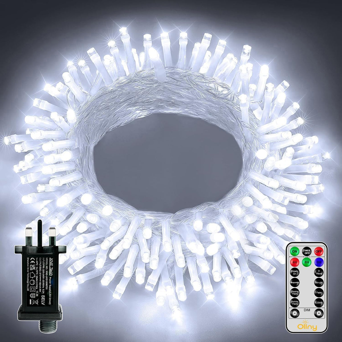 Ollny Fairy Lights Mains Powered 20m 200 LED Outdoor String Plug Remote