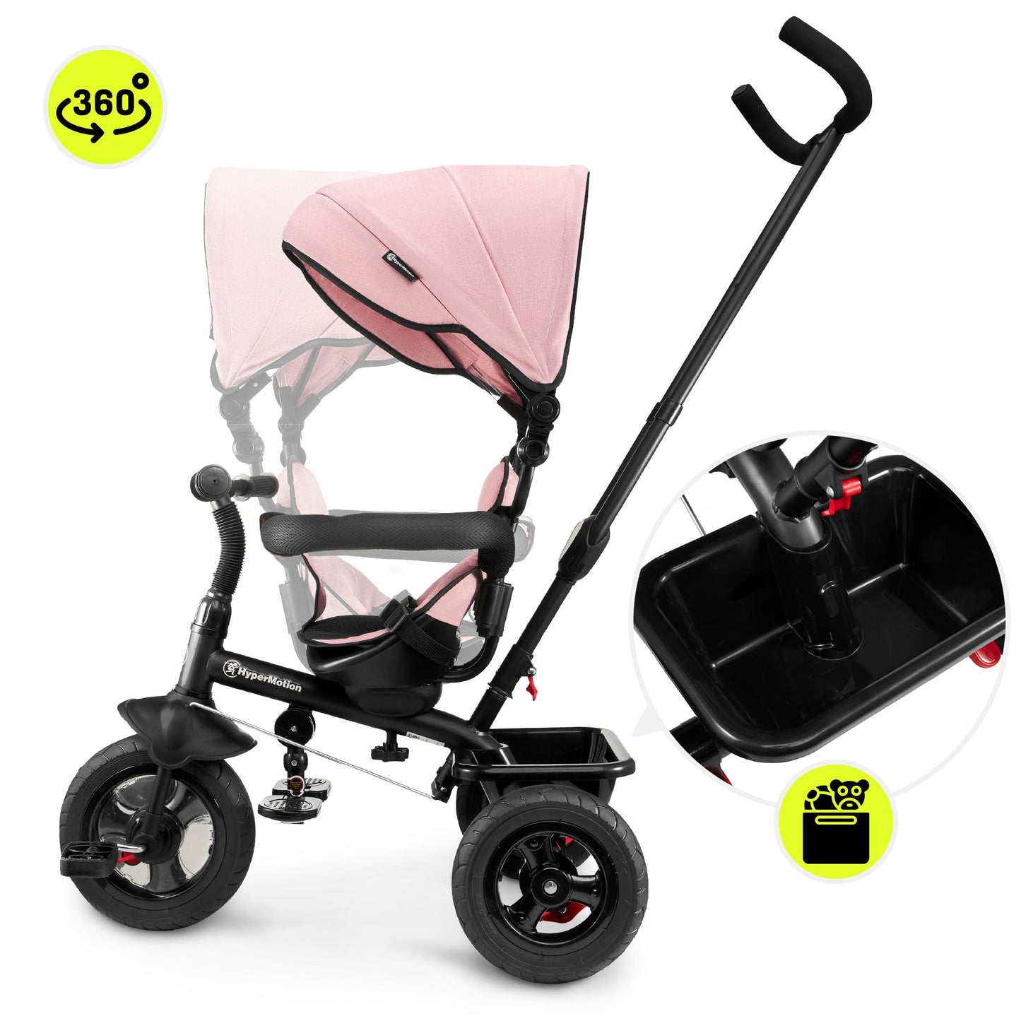 HyperMotion Toddler Tricycle with Parent Handle, Canopy, Safety Belt & Basket — From 12 Months
