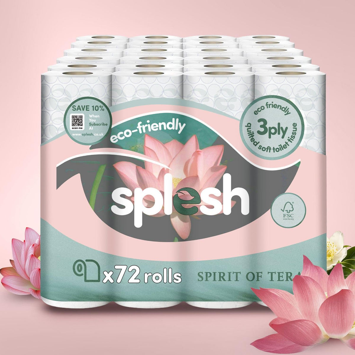 Splesh by Cusheen Toilet Roll 72 Rolls - Aloe Vera Scent Bulk Family Pack | Soft 3 Ply Quilted Bathroom Tissue Loo Rolls | Eco-Friendly, Sustainable Toilet Paper