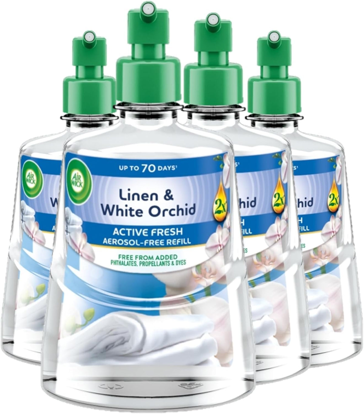 Airwick Active Fresh Refills Bundle 228ml 4 Pack - Linen & White Orchid (2 Units) - Cherry Blossom & Raspberry (2 Units)