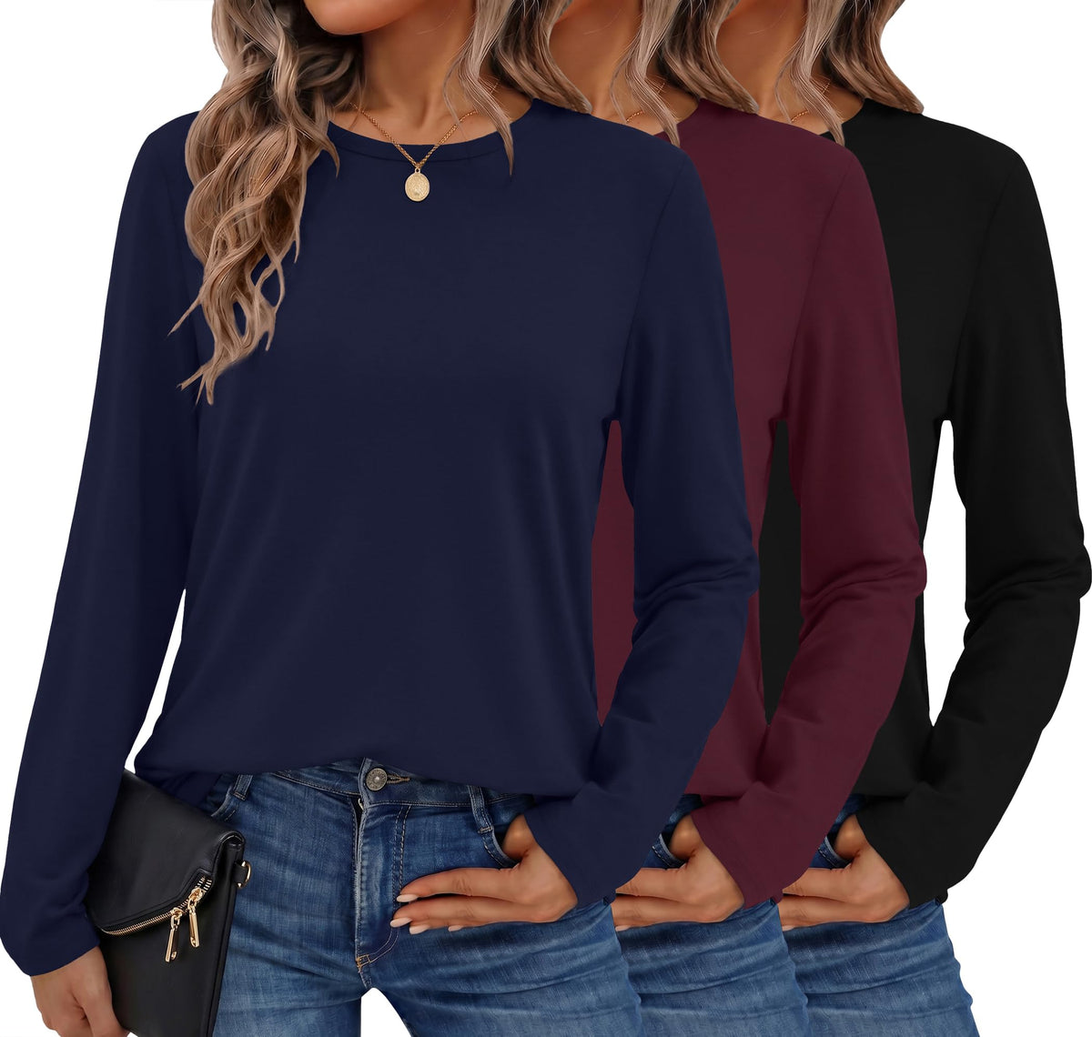 Ekouaer 1/3 Pack Womens Tops Long Sleeve T Shirts Soft Basic Tunic Top