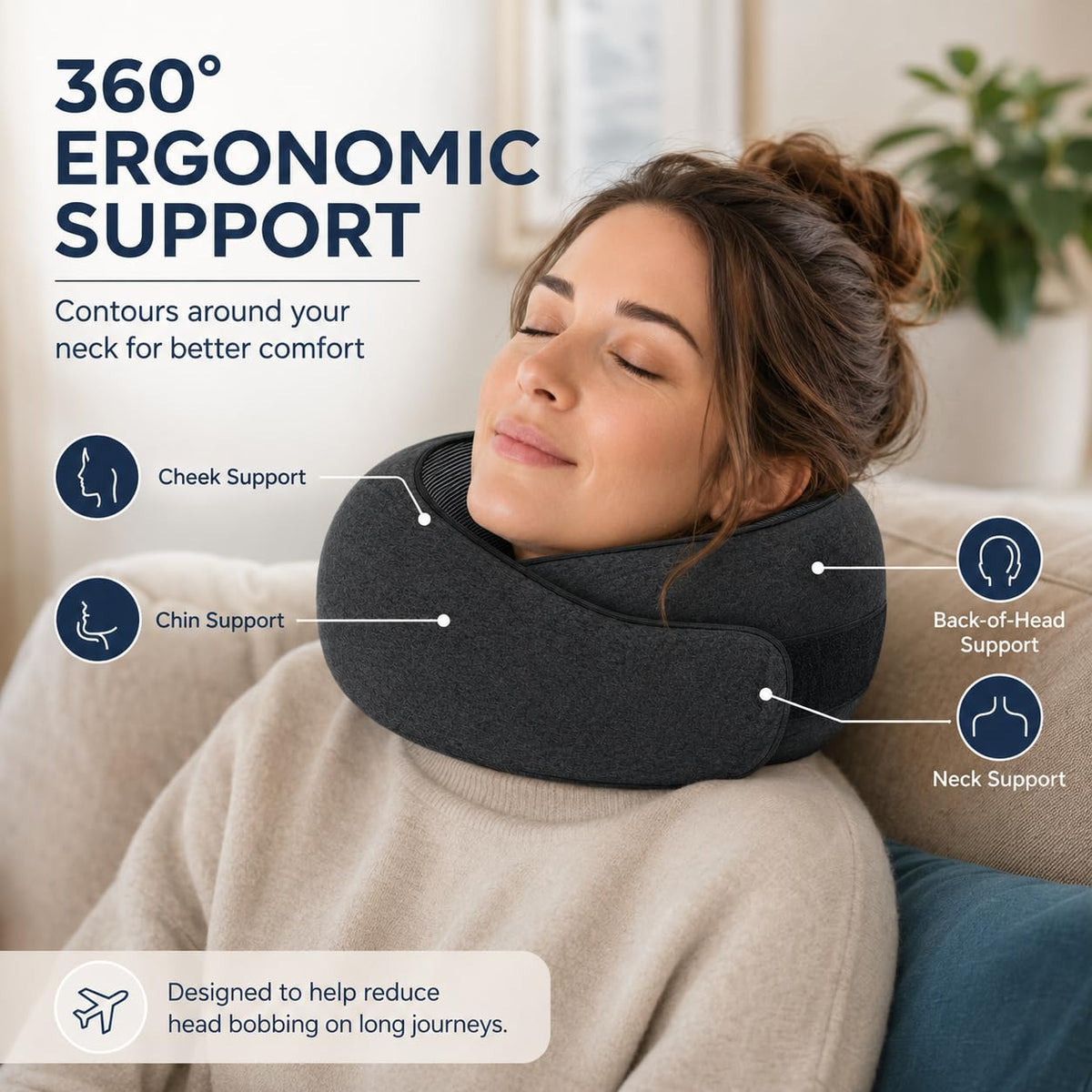 Memory Foam Travel Neck Pillow, 360° Support with Eye Mask&Earplugs