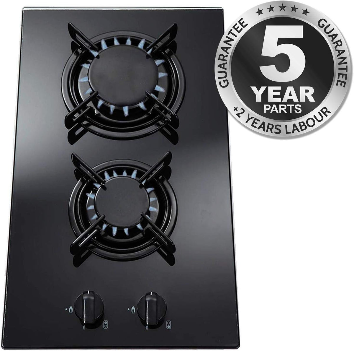 SIA GHG302BL 30cm 2 Burner Black Glass On Gas Domino Hob With Enamel Pan Stands