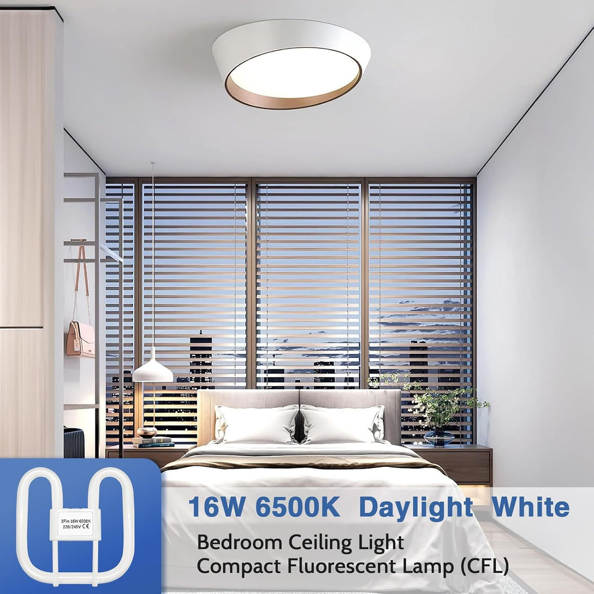 Akynite 16W 2D Square 2-Pin GR8 Cap Daylight White 6500k Compact Fluorescent Lamp, AC 230V, CFL 2 Pin Light Bulb, not dimmable, GR8 DD Flat Butterfly Bulb for Flush Ceiling Light, 1 Pack