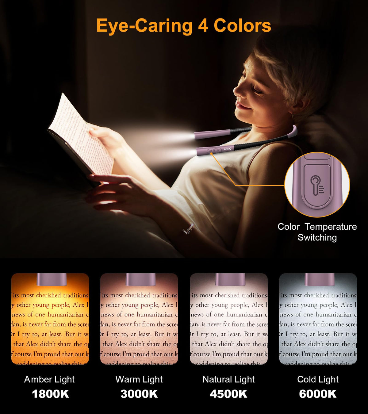 Gritin Book Light, Eye Caring 4-Color&5-Brightness Neck Light Reading Lamp