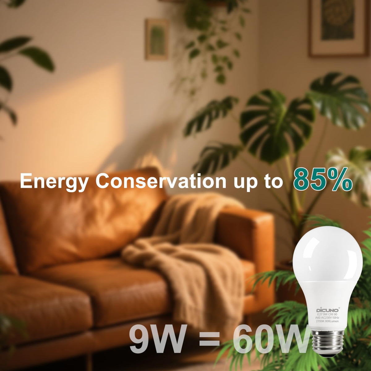 DiCUNO E27 Screw LED Bulb, 9W=60W, Daylight White 5000K, 806LM, 2Pcs