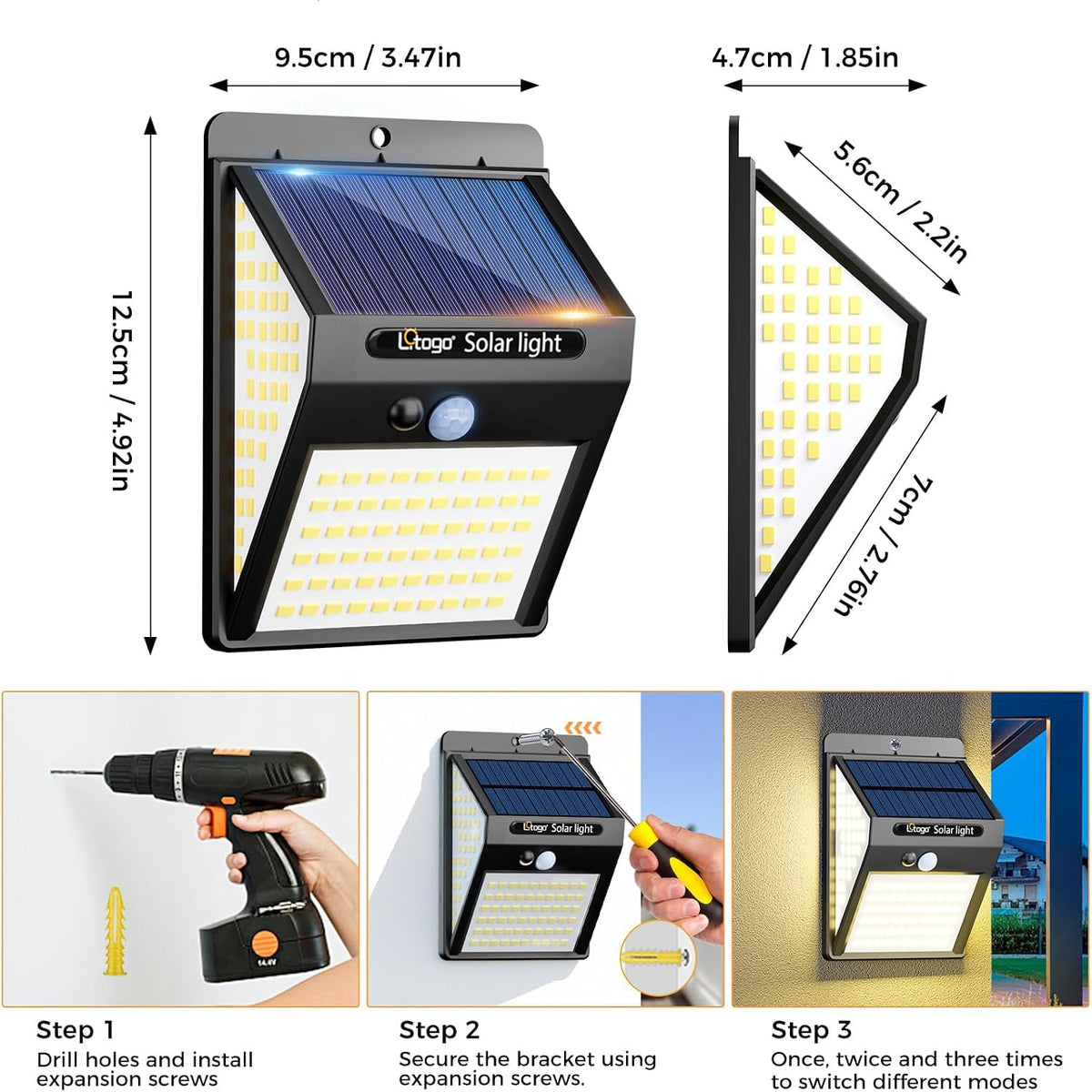litogo [4 Pack White Frame 140LED Solar Security Lights Outdoor, Solar Motion Sensor Lights 270ºWide Angle Waterproof Solar Powered Durable Wall Lights Outside 3 Modes